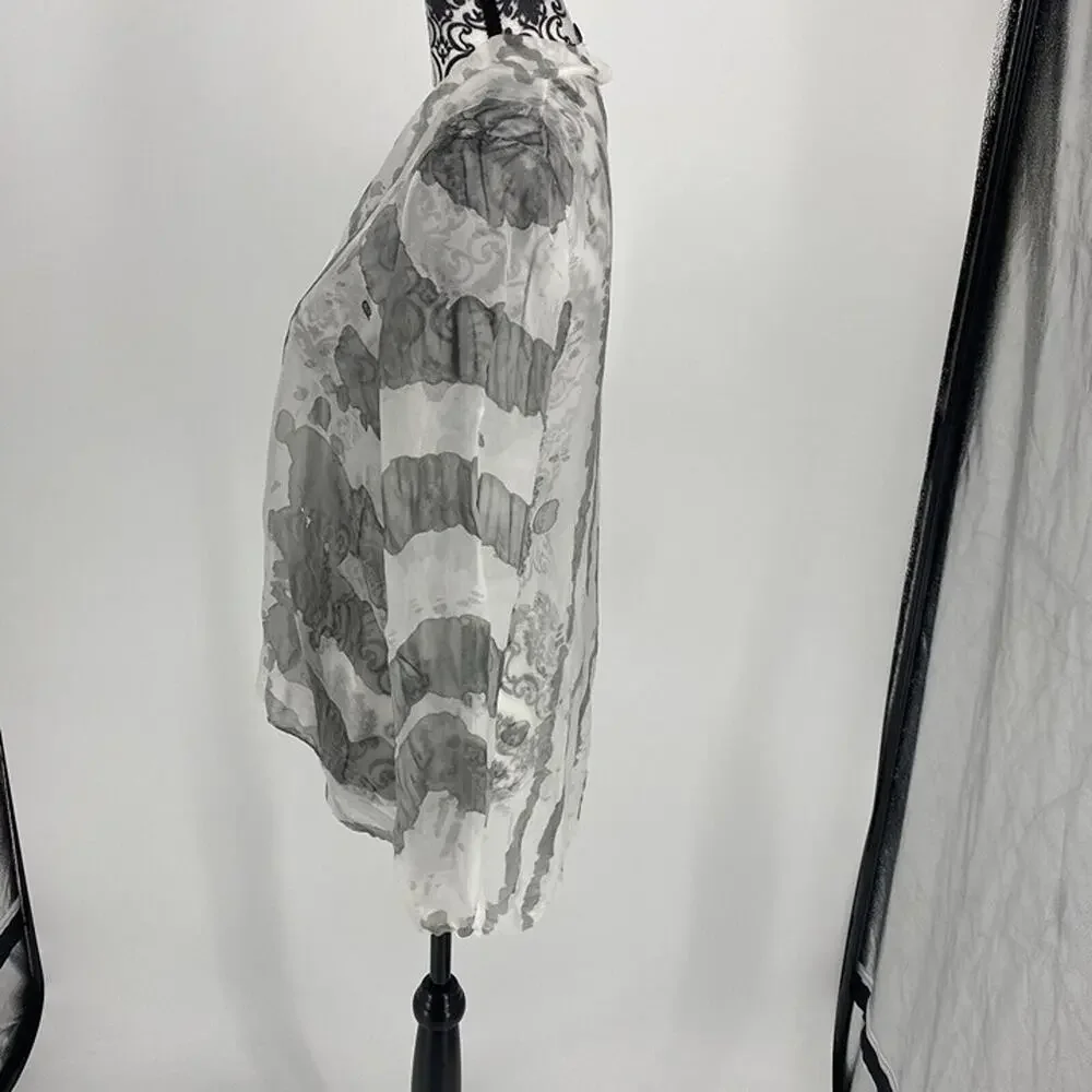 Belle France White & Gray Sheer Silk Blend Cover-Up Blouse Roll Tab Sleeves M - Picture 5 of 9